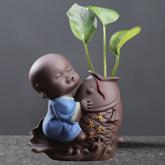 Ceramic Tea Pet Ornaments Small Buddha Statue Monk Figurine Desktop Flower Pot Hydroponic Plant Decoration Tea  Accessories