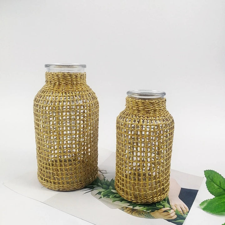 Handmade Straw Woven Glass Vase Creative Crafts Home Decoration Ornament Vase
