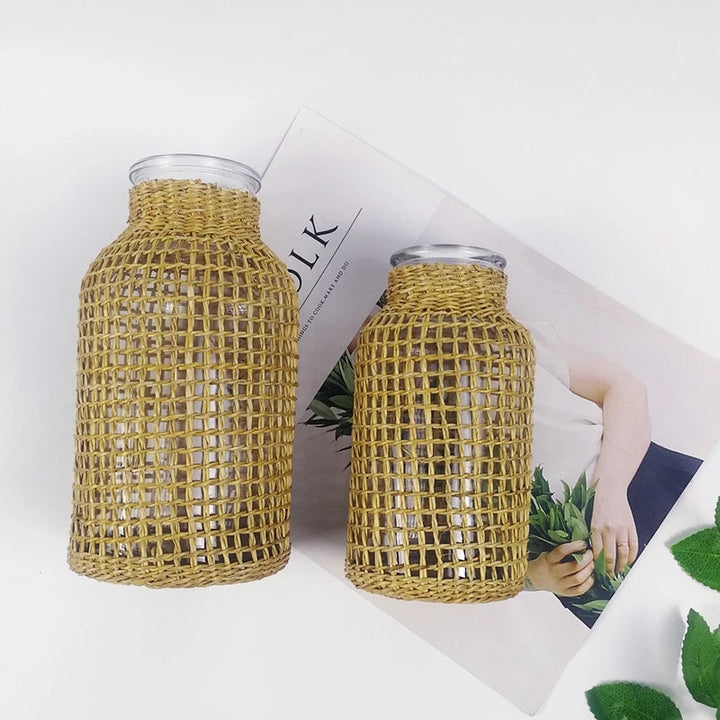 Handmade Straw Woven Glass Vase Creative Crafts Home Decoration Ornament Vase