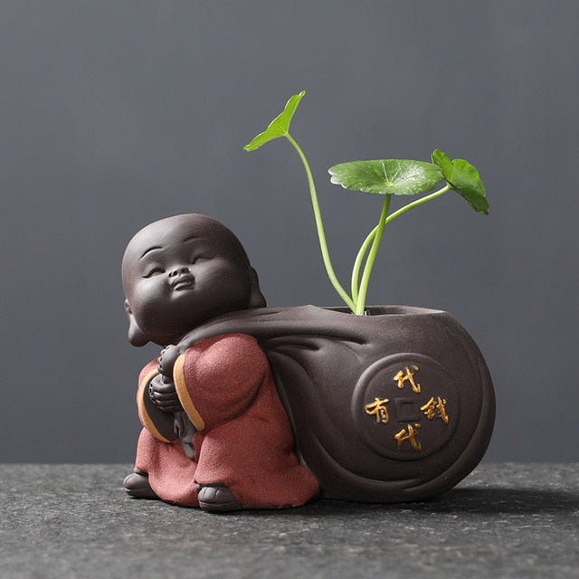 Ceramic Tea Pet Ornaments Small Buddha Statue Monk Figurine Desktop Flower Pot Hydroponic Plant Decoration Tea  Accessories