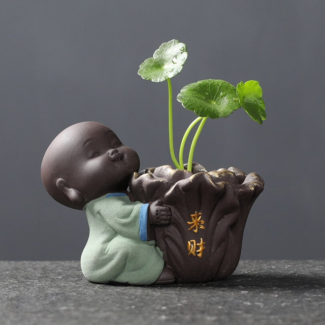 Ceramic Tea Pet Ornaments Small Buddha Statue Monk Figurine Desktop Flower Pot Hydroponic Plant Decoration Tea  Accessories