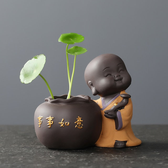 Ceramic Tea Pet Ornaments Small Buddha Statue Monk Figurine Desktop Flower Pot Hydroponic Plant Decoration Tea  Accessories