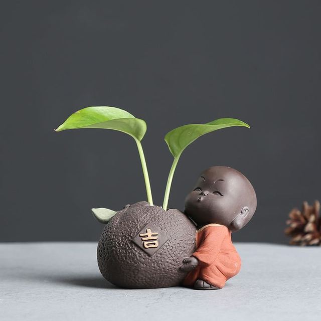 Ceramic Tea Pet Ornaments Small Buddha Statue Monk Figurine Desktop Flower Pot Hydroponic Plant Decoration Tea  Accessories