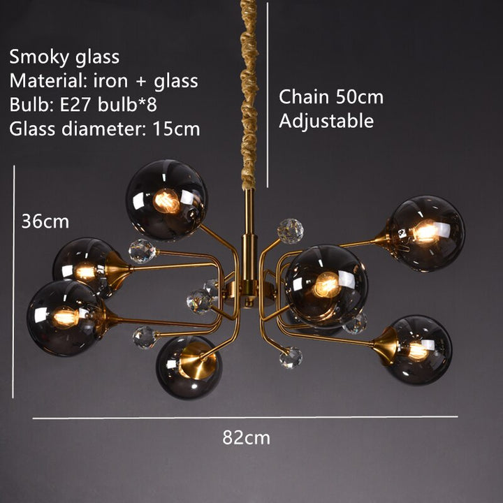 Smoky Gray Transparent Glass Chandelier Height Adjustable E27 LED Bulb Gold Metal Lighting Fixtures For Home Foyer Dinning Room