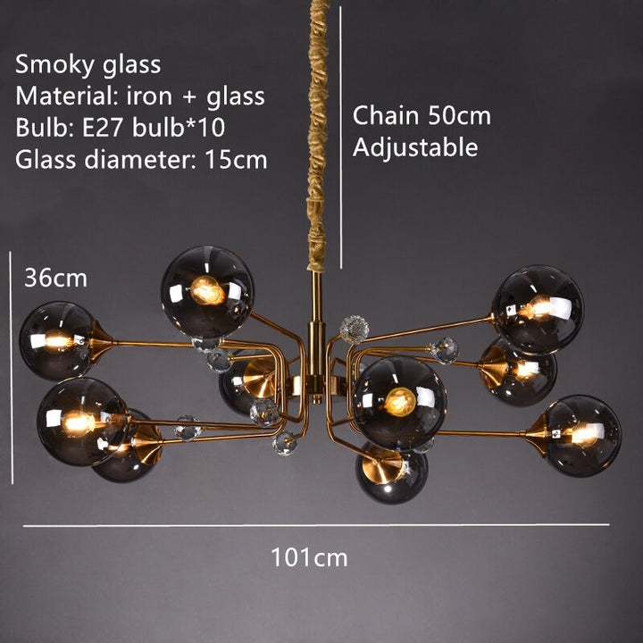 Smoky Gray Transparent Glass Chandelier Height Adjustable E27 LED Bulb Gold Metal Lighting Fixtures For Home Foyer Dinning Room