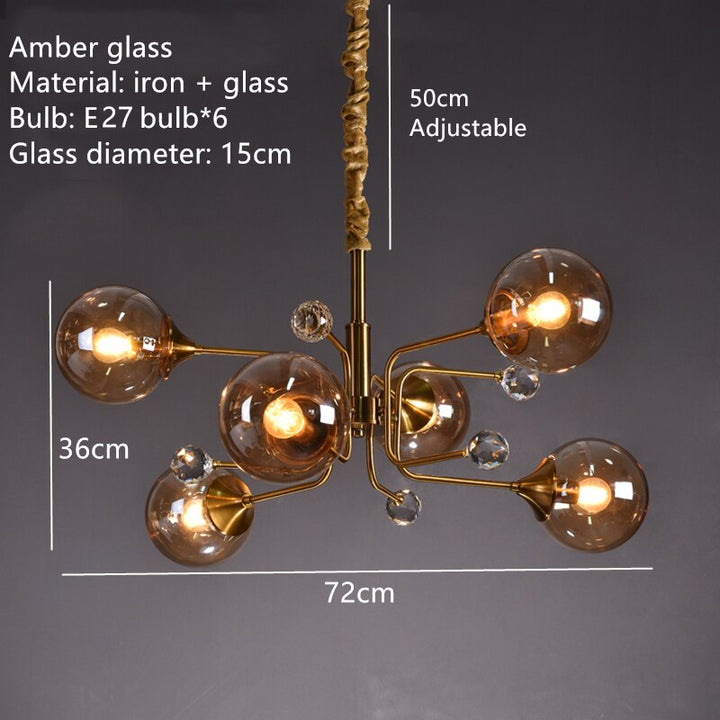 Smoky Gray Transparent Glass Chandelier Height Adjustable E27 LED Bulb Gold Metal Lighting Fixtures For Home Foyer Dinning Room