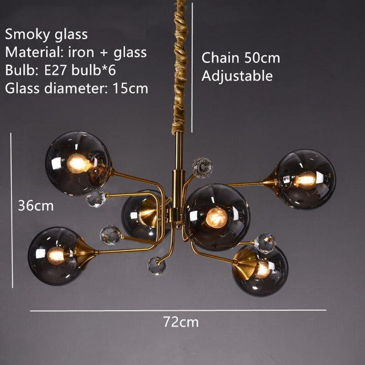 Smoky Gray Transparent Glass Chandelier Height Adjustable E27 LED Bulb Gold Metal Lighting Fixtures For Home Foyer Dinning Room