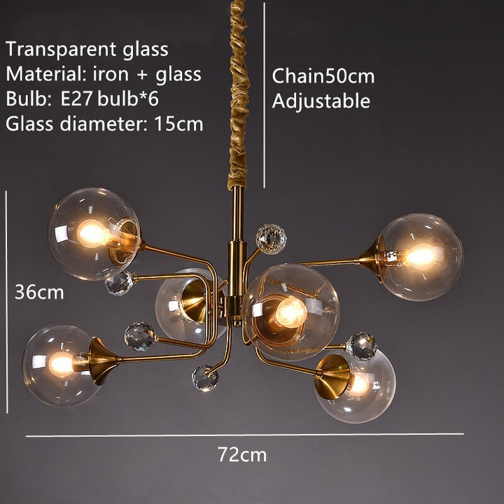 Smoky Gray Transparent Glass Chandelier Height Adjustable E27 LED Bulb Gold Metal Lighting Fixtures For Home Foyer Dinning Room