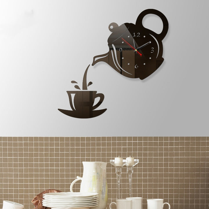 3D DIY Teapot Shape Wall Clock Acrylic Mirror Clock Modern Kitchen Home Decor Wall Sticker Hollow Digital Clock