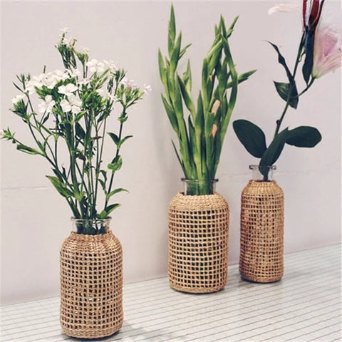 Handmade Straw Woven Glass Vase Creative Crafts Home Decoration Ornament Vase