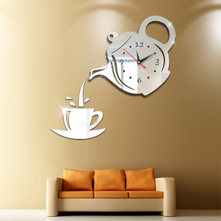 3D DIY Teapot Shape Wall Clock Acrylic Mirror Clock Modern Kitchen Home Decor Wall Sticker Hollow Digital Clock