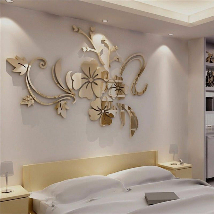 1 Set of Exquisite Flower 3D Mirror Wall Stickers Detachable Decals Art Muralist with Bedroom TV Acrylic Background Decoration