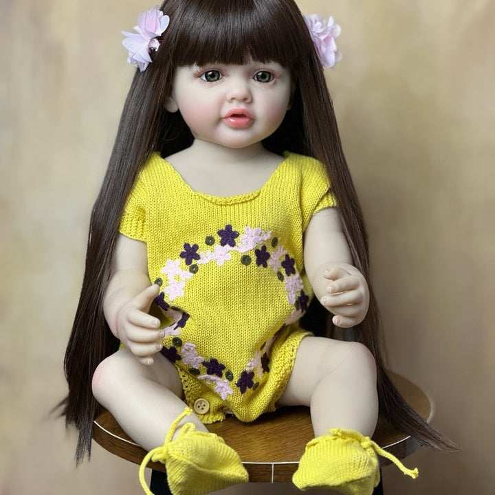 Realistic Full Silicone Body 55 CM 22 Inch Brown Long Hair Lifelike Reborn Baby Girl Doll Toy Princess Toddler Bebe