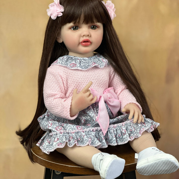 Realistic Full Silicone Body 55 CM 22 Inch Brown Long Hair Lifelike Reborn Baby Girl Doll Toy Princess Toddler Bebe