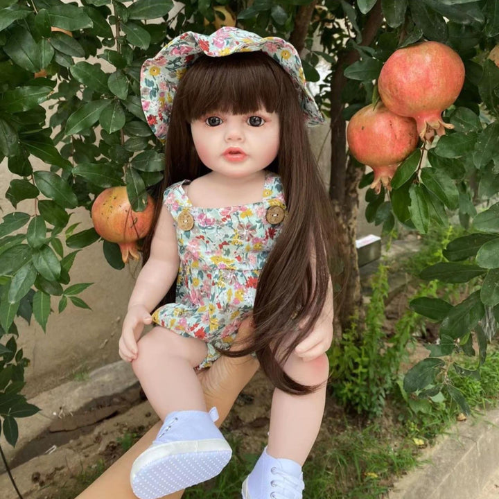 Realistic Full Silicone Body 55 CM 22 Inch Brown Long Hair Lifelike Reborn Baby Girl Doll Toy Princess Toddler Bebe