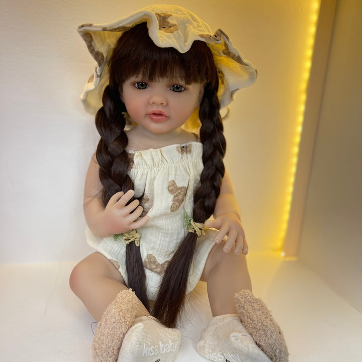 Realistic Full Silicone Body 55 CM 22 Inch Brown Long Hair Lifelike Reborn Baby Girl Doll Toy Princess Toddler Bebe