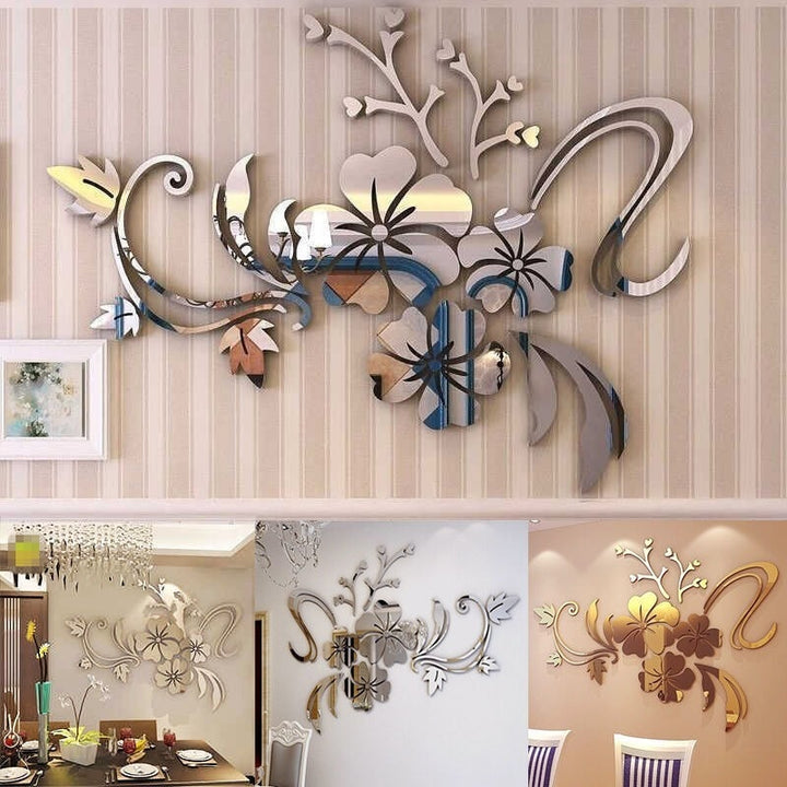 1 Set of Exquisite Flower 3D Mirror Wall Stickers Detachable Decals Art Muralist with Bedroom TV Acrylic Background Decoration