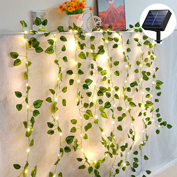 Solar Vine String Lights Outdoor Water Resistant Ivy Lights LED Artificial Rattan Green Plant Decoration Maple Leaf Garland Lamp