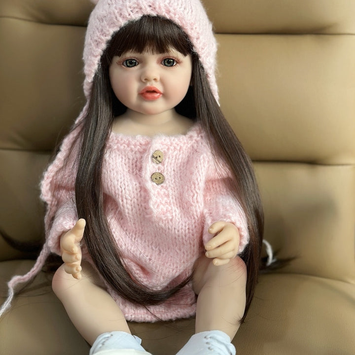 55 CM 22 Inch Lifelike Reborn Baby Girl Doll Soft Silicone Long Brown Hair Realistic Princess Toddler Bebe Birthday Gift