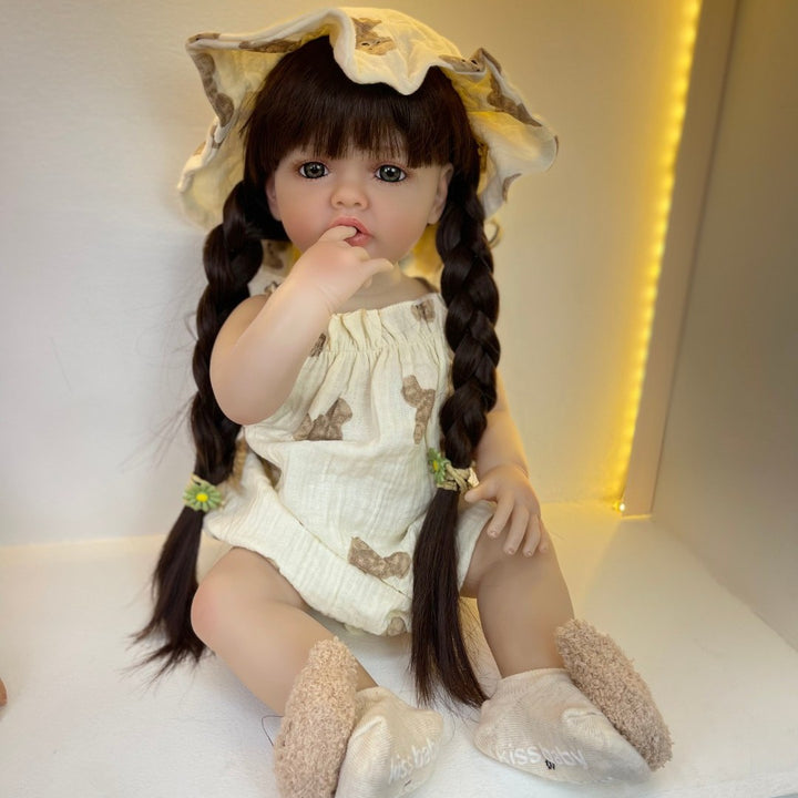 Realistic Full Silicone Body 55 CM 22 Inch Brown Long Hair Lifelike Reborn Baby Girl Doll Toy Princess Toddler Bebe