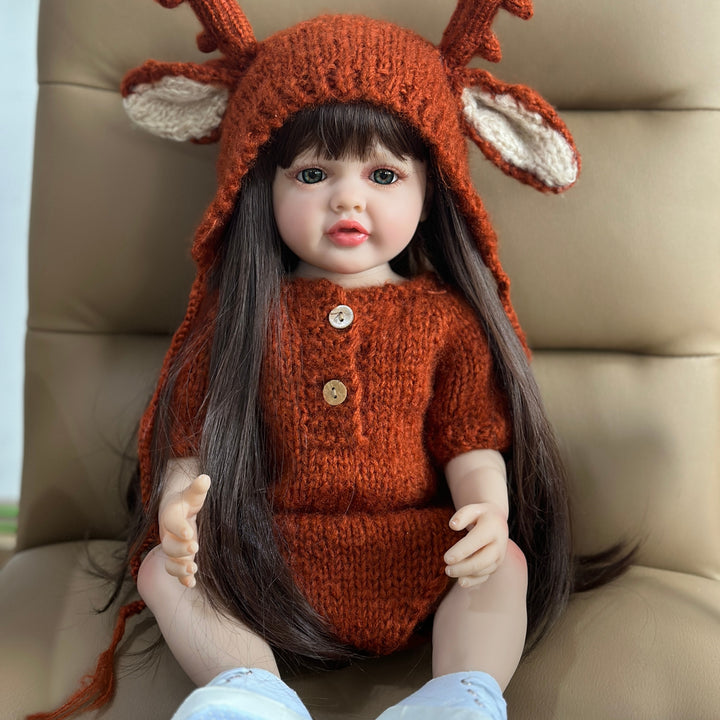 55 CM 22 Inch Lifelike Reborn Baby Girl Doll Soft Silicone Long Brown Hair Realistic Princess Toddler Bebe Birthday Gift