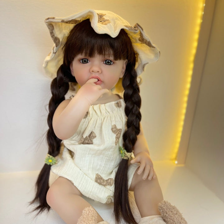 Realistic Full Silicone Body 55 CM 22 Inch Brown Long Hair Lifelike Reborn Baby Girl Doll Toy Princess Toddler Bebe
