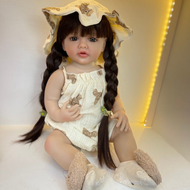 Realistic Full Silicone Body 55 CM 22 Inch Brown Long Hair Lifelike Reborn Baby Girl Doll Toy Princess Toddler Bebe