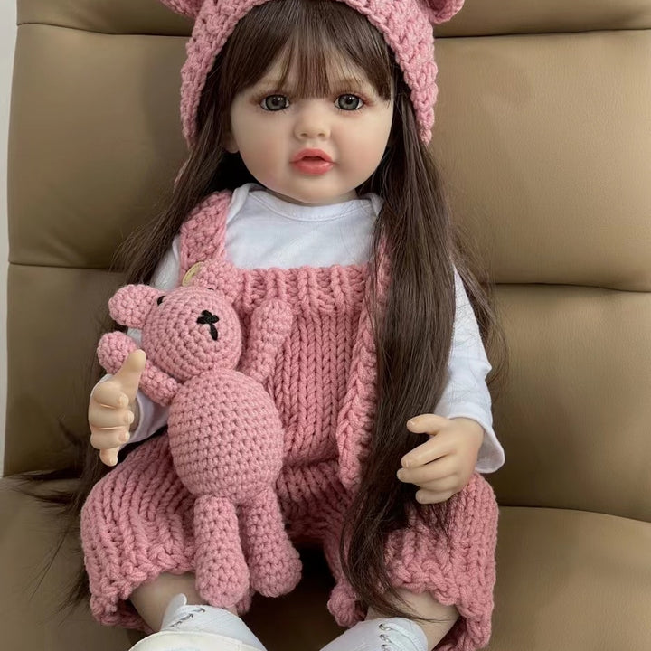 Realistic Full Silicone Body 55 CM 22 Inch Brown Long Hair Lifelike Reborn Baby Girl Doll Toy Princess Toddler Bebe