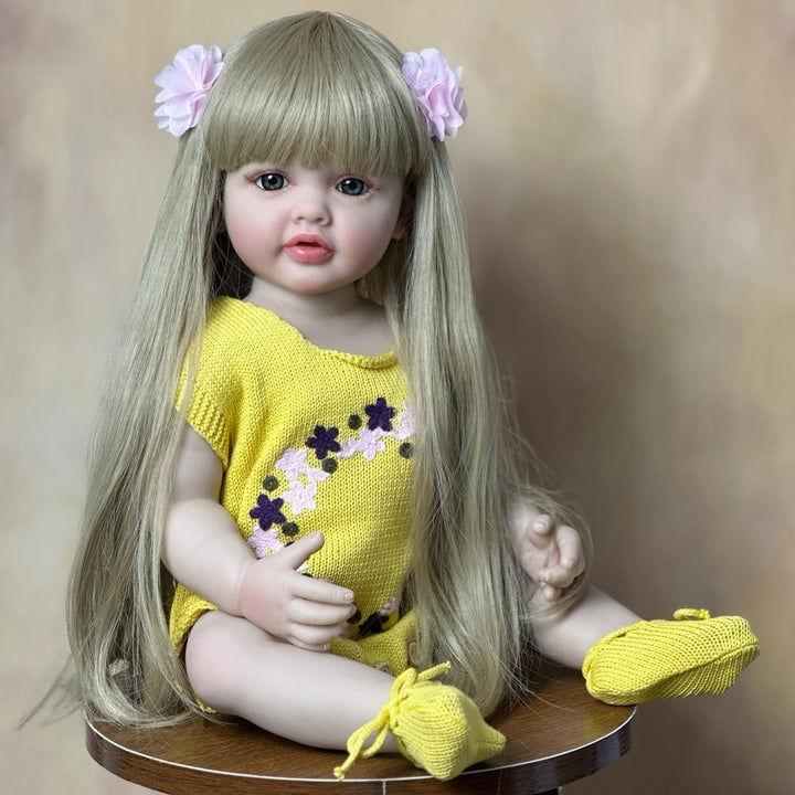 Realistic Full Silicone Body 55 CM 22 Inch Brown Long Hair Lifelike Reborn Baby Girl Doll Toy Princess Toddler Bebe