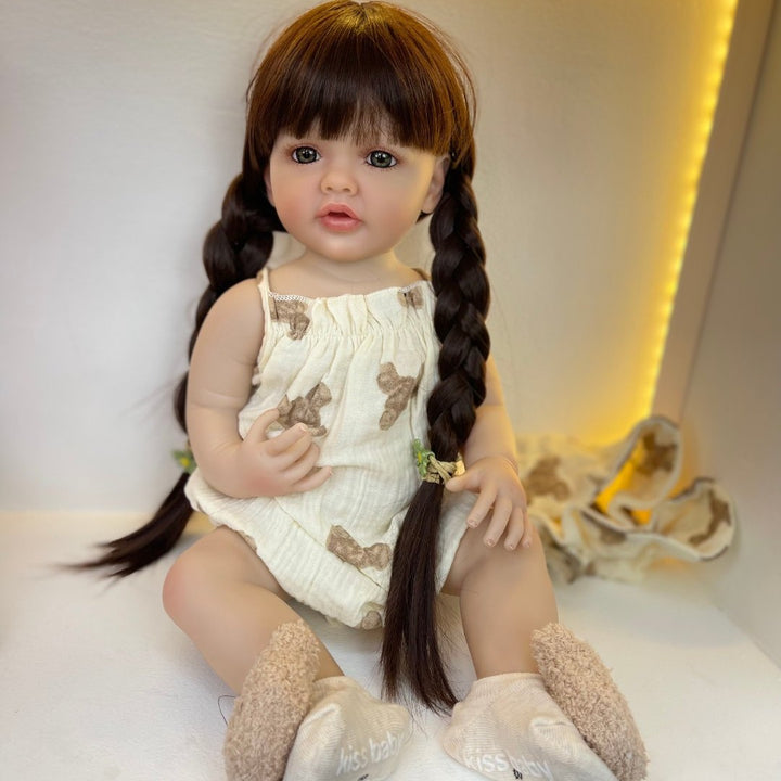 Realistic Full Silicone Body 55 CM 22 Inch Brown Long Hair Lifelike Reborn Baby Girl Doll Toy Princess Toddler Bebe