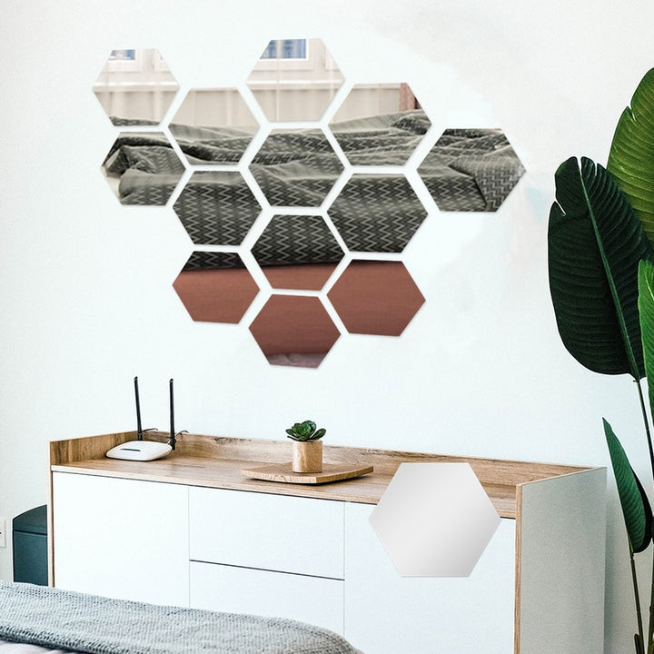 12PCs/Set DIY 3D Mirror Wall Sticker Hexagon Home Decor Mirror Decor Stickers Art Wall Bedroom Decoration Self-adhesive Stickers