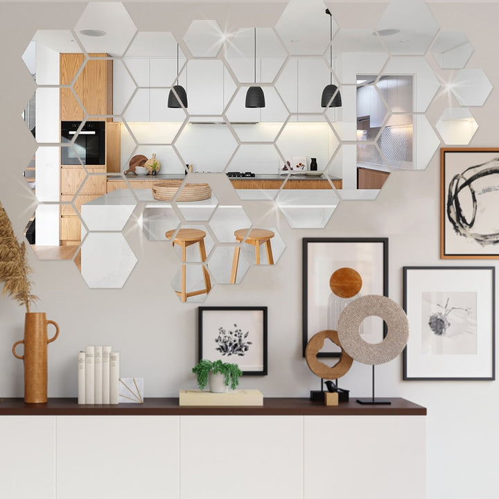 12PCs/Set DIY 3D Mirror Wall Sticker Hexagon Home Decor Mirror Decor Stickers Art Wall Bedroom Decoration Self-adhesive Stickers