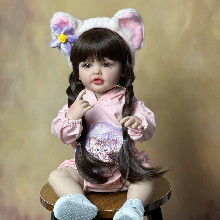 Realistic Full Silicone Body 55 CM 22 Inch Brown Long Hair Lifelike Reborn Baby Girl Doll Toy Princess Toddler Bebe