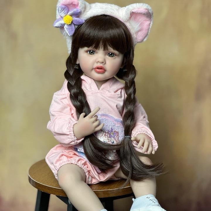 55 CM 22 Inch Lifelike Reborn Baby Girl Doll Soft Silicone Long Brown Hair Realistic Princess Toddler Bebe Birthday Gift