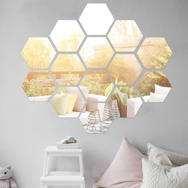 12PCs/Set DIY 3D Mirror Wall Sticker Hexagon Home Decor Mirror Decor Stickers Art Wall Bedroom Decoration Self-adhesive Stickers