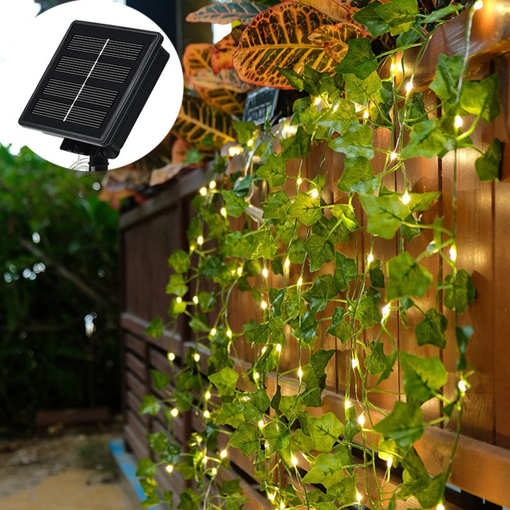 Solar Vine String Lights Outdoor Water Resistant Ivy Lights LED Artificial Rattan Green Plant Decoration Maple Leaf Garland Lamp