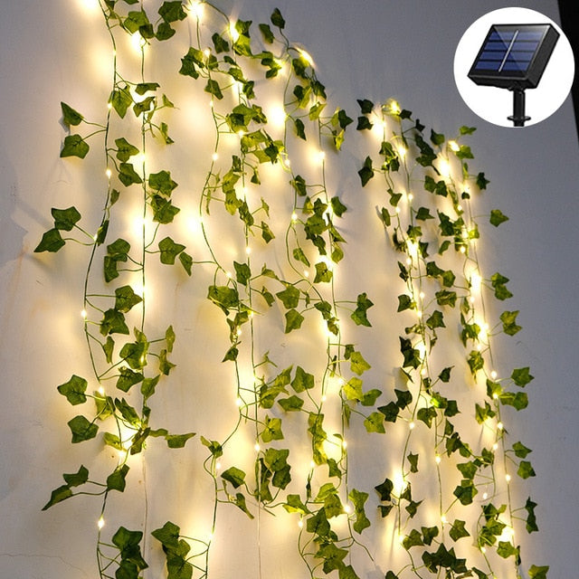 Solar Vine String Lights Outdoor Water Resistant Ivy Lights LED Artificial Rattan Green Plant Decoration Maple Leaf Garland Lamp